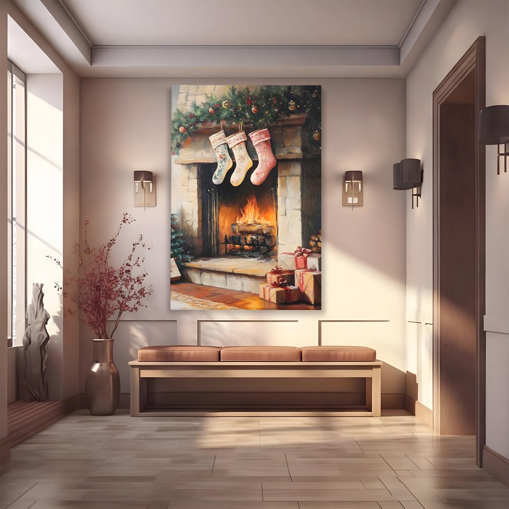 Tablou canvas cu tablou canvas cu semineu si ciorapi de craciun, fara rama, pe sasiu de lemn